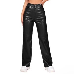 MakeMeChic Women's Faux Leather Straight Wide‎ Leg - Pants Black